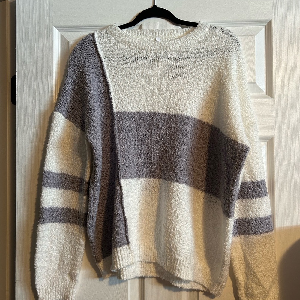 Cozy Striped Sweater - Gray and White